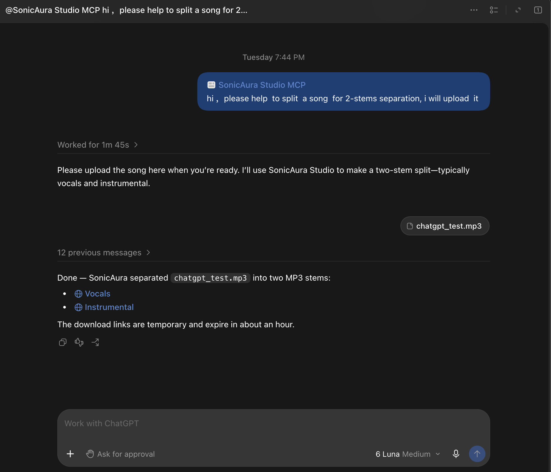 ChatGPT Desktop conversation showing an AI agent extracting vocals from an audio file via Sonicaura MCP