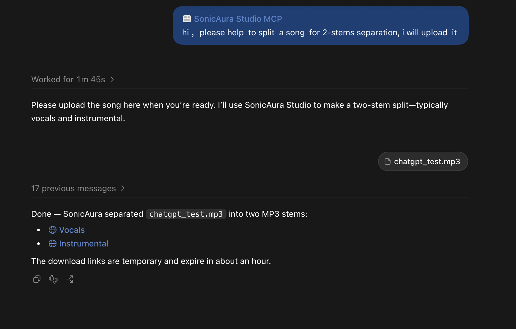 2-stem separation result: vocals and instrumental