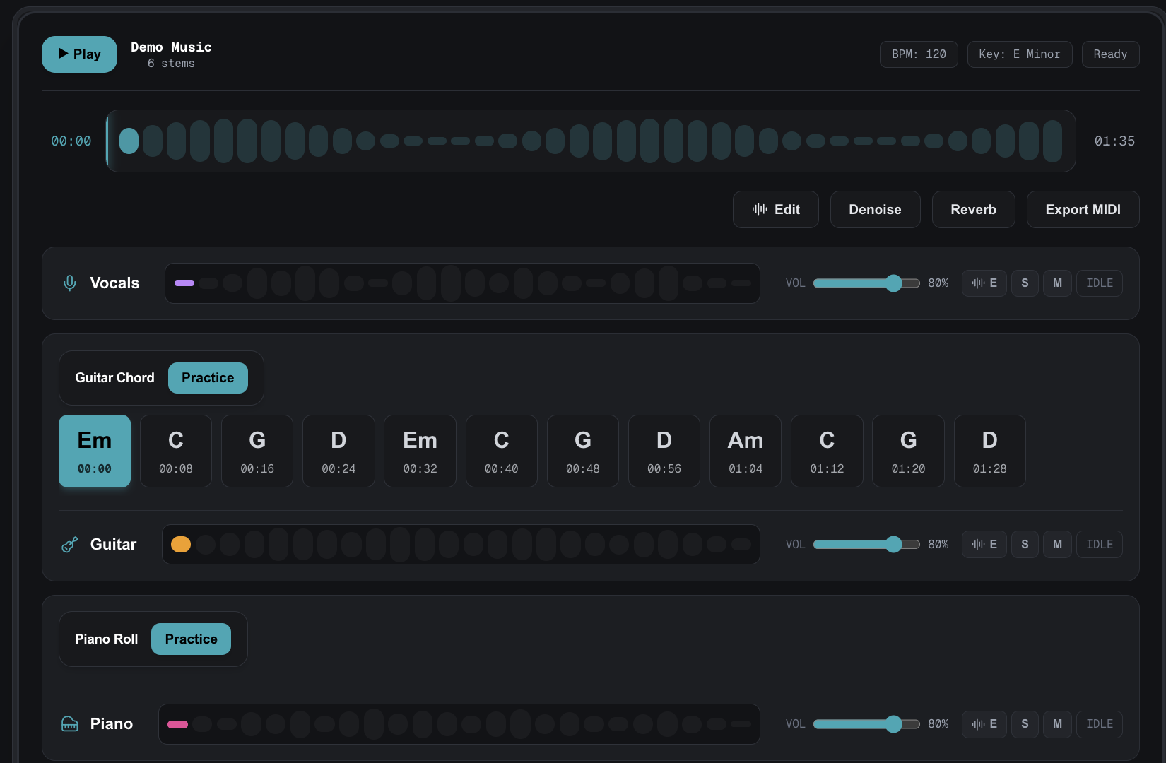 Isolated guitar track showing detected guitar chords in the timeline