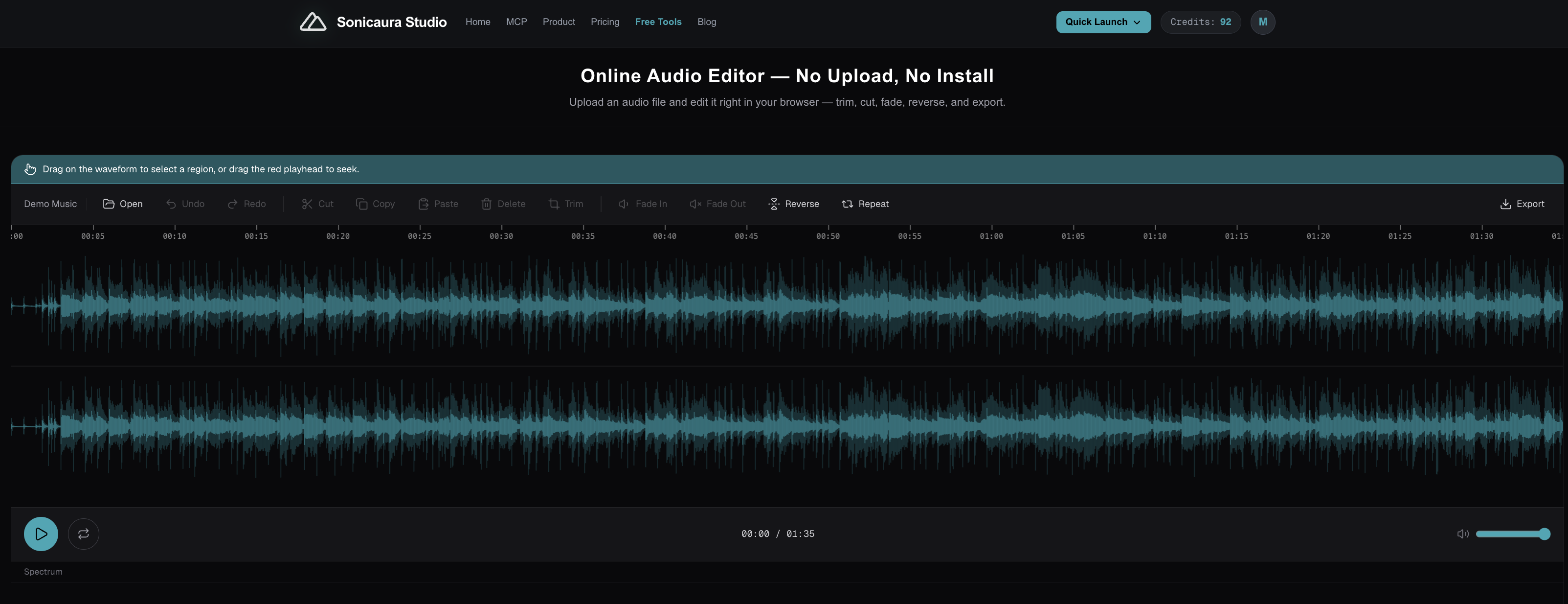 SonicAura Studio online audio editor interface showing waveform and editing tools