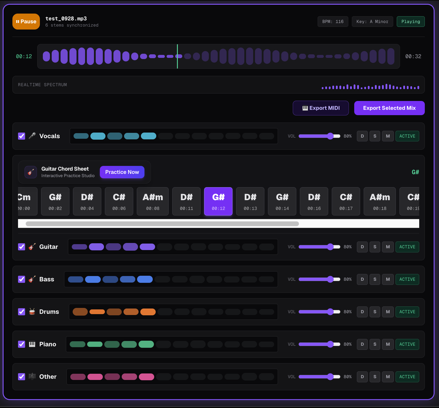 Screenshot of the stem splitter showing vocal and instrumental separation results with download buttons
