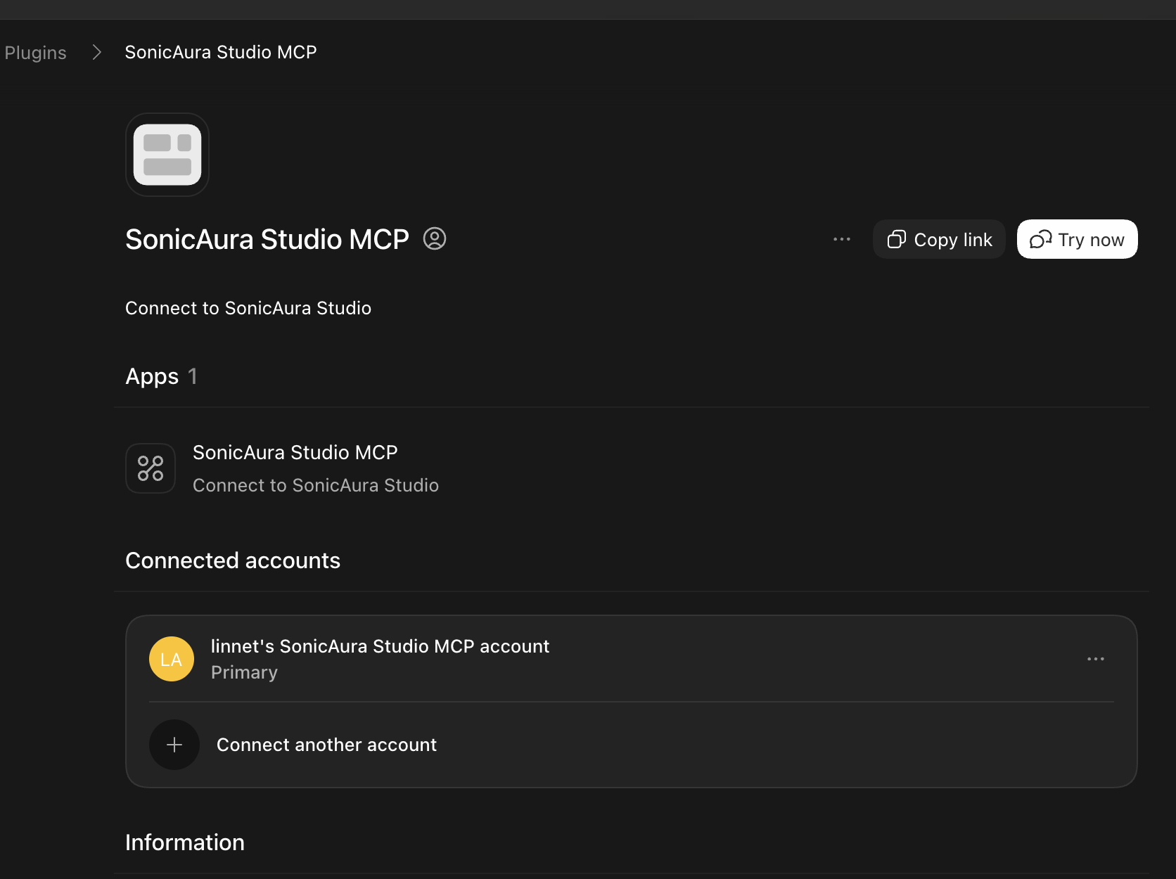 SonicAura Studio MCP connected — 8 tools available, click Try now