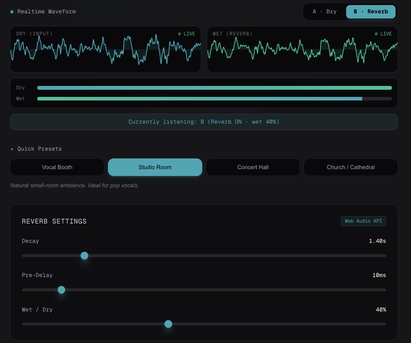 Add reverb to a song online for free with Sonicaura Studio's browser-based reverb tool