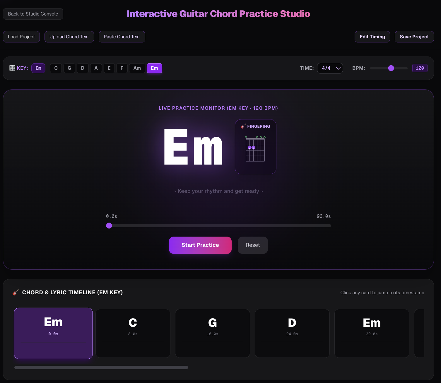 Interactive Guitar Chord Practice Studio interface showing Em chord with fingering diagram